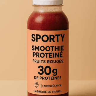 Bouteille de shake protéiné SPORTY café-maca avec 30g de protéines